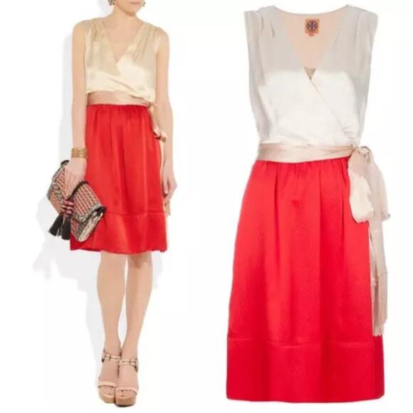 Elegant Red and Cream Wrap Dress - Picture 1 of 8